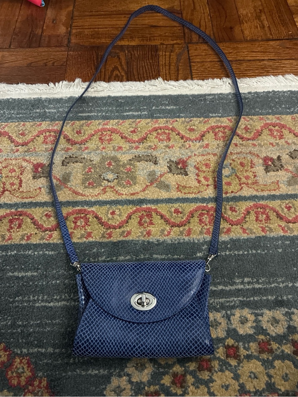 Levenger Navy Textured Crossbody Bag with Silver Turn-Lock
